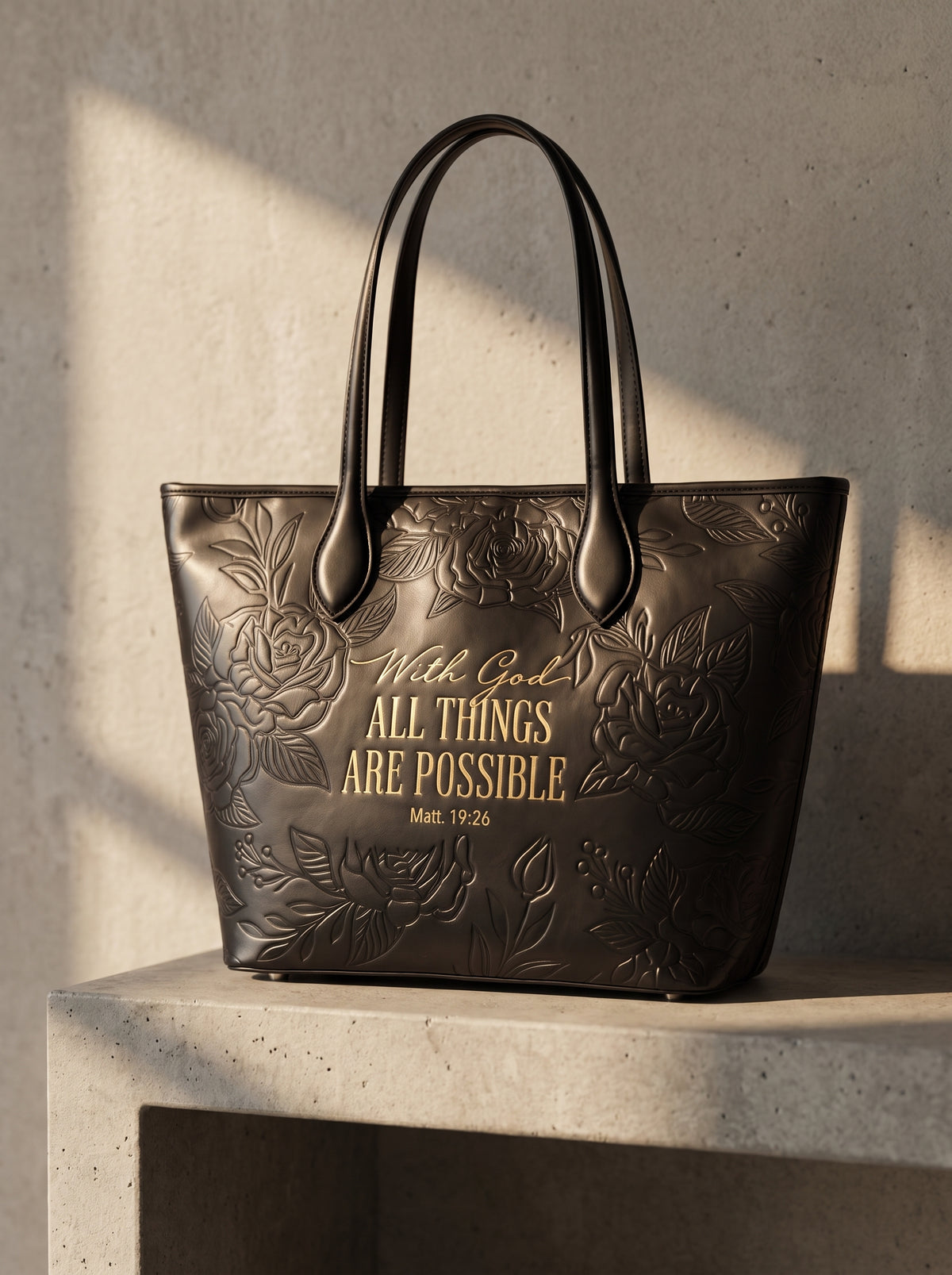 Blessac embossed leather tote in sable black — lifestyle shot in warm sunlight