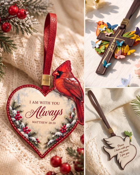 Three hand-stitched Blessac bag charms: the Always With You heart with a red cardinal, the Made New butterfly cross, and the Peace Dove.