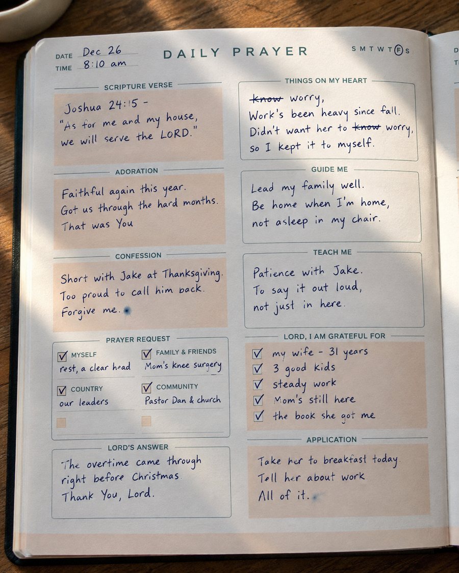 Sample Daily Prayer page written in a man’s short lines: work worries, his family, what he is grateful for