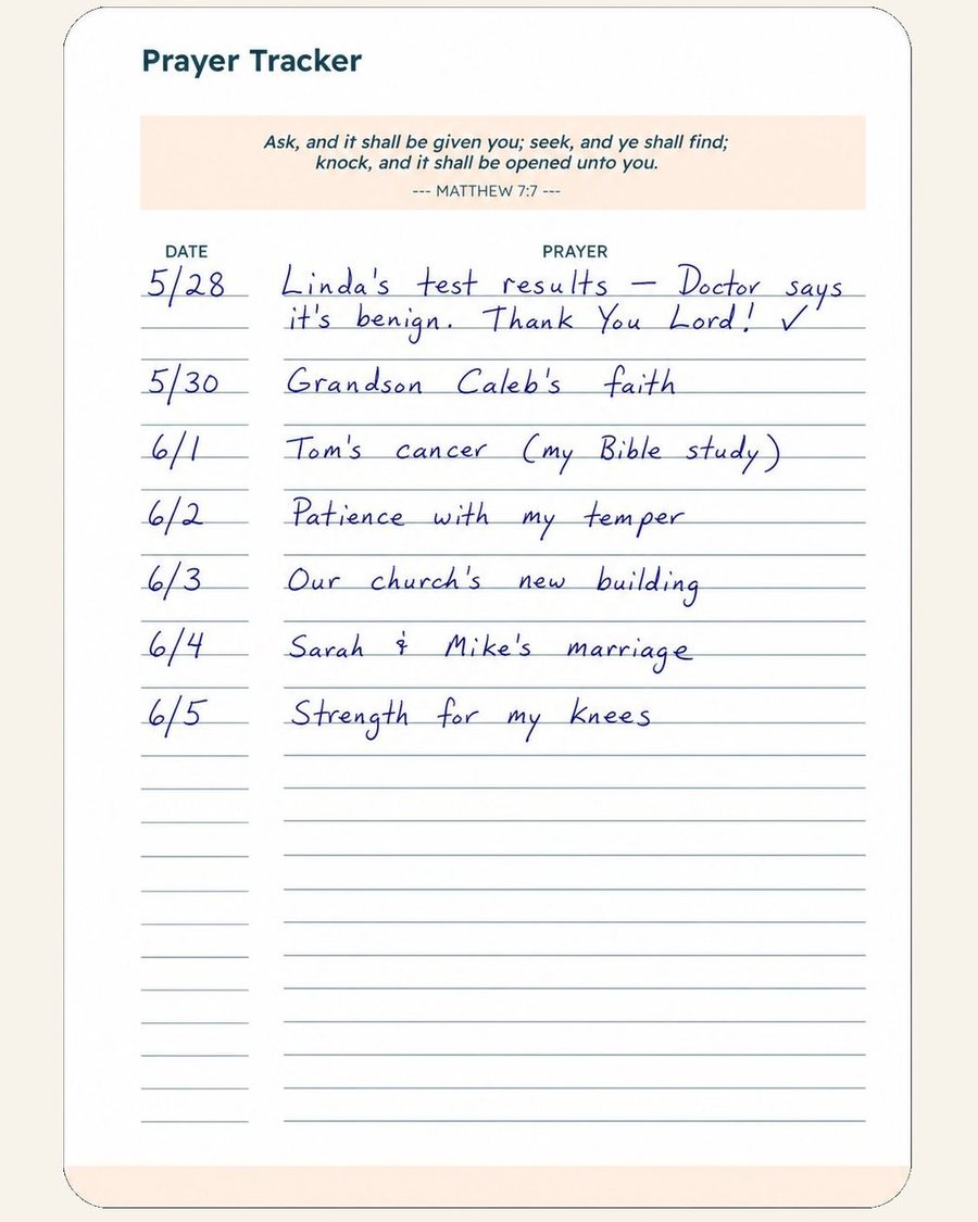 A Prayer Tracker page filled in by hand, one prayer per date