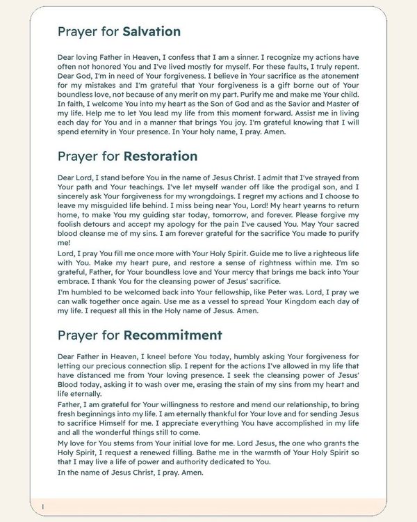 Prayers written out: Salvation, Restoration, Recommitment