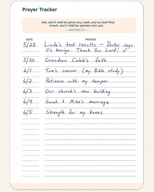 The Prayer Tracker page with date and prayer columns