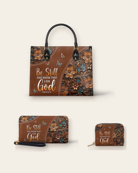 The Stillness handbag with its matching wallet and mini wallet: Be still and know that I am God, Psalm 46:10
