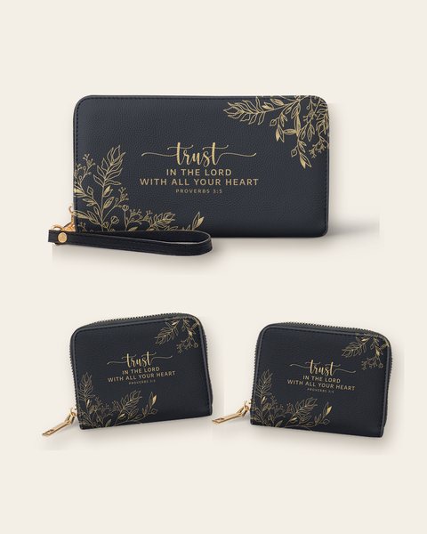 The Trust set: one Trust Wallet and two Trust Mini Wallets, navy with gold leaves and Trust in the Lord with all your heart, Proverbs 3:5