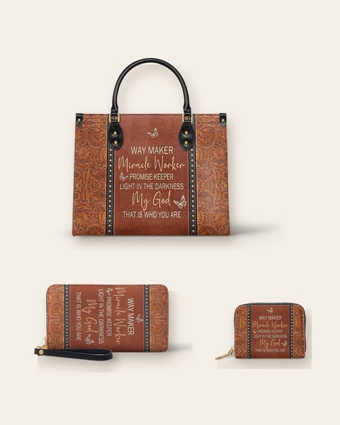 The Waymaker handbag with its matching wallet and mini wallet: Way Maker, Miracle Worker, Promise Keeper