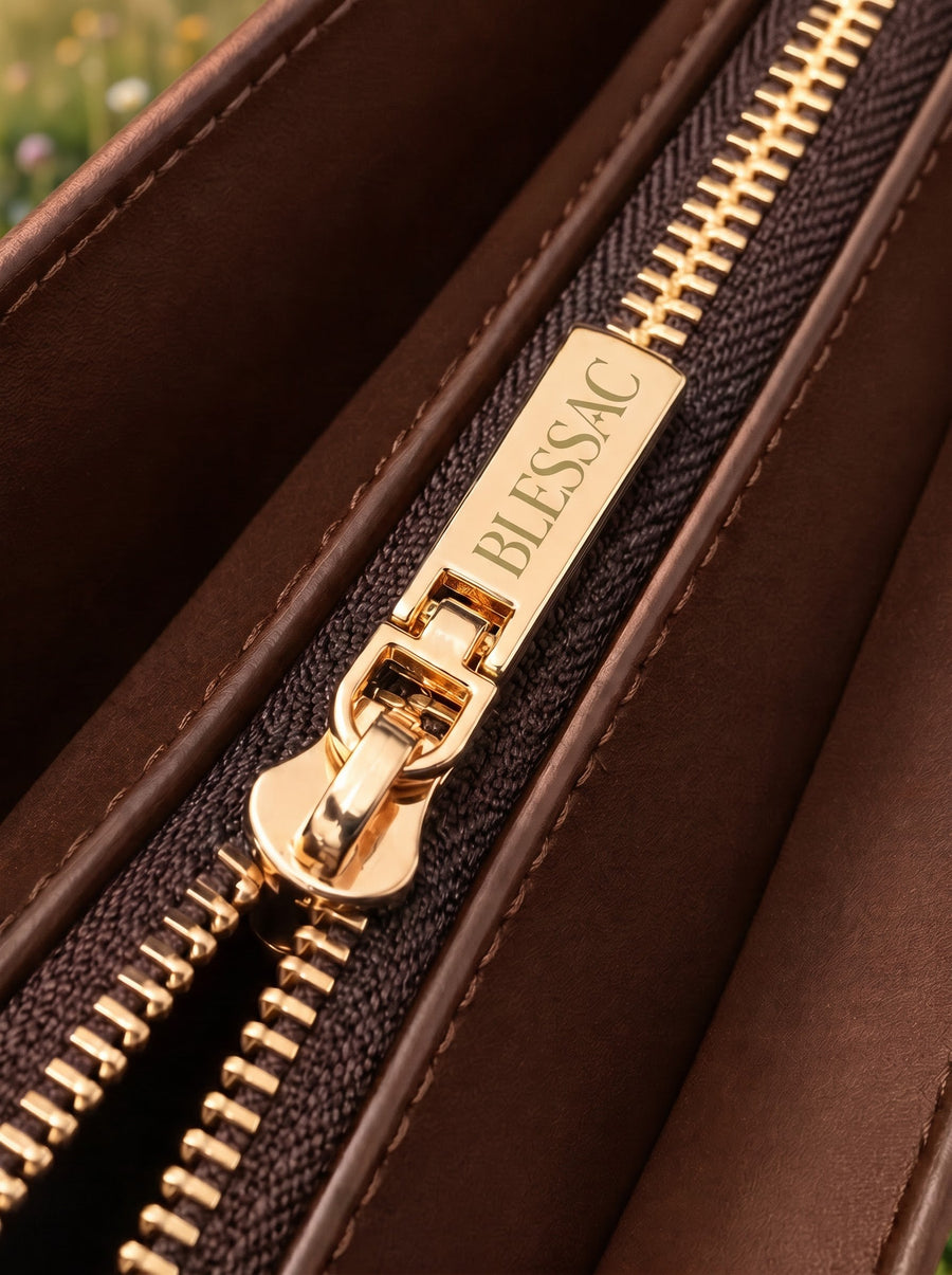 Gold Blessac-stamped zipper close-up