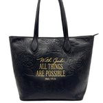 Sable black embossed leather tote — front view with Matt. 19:26 With God All Things Are Possible in gold