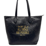 Sable black embossed leather tote — front view with Matt. 19:26 With God All Things Are Possible in gold