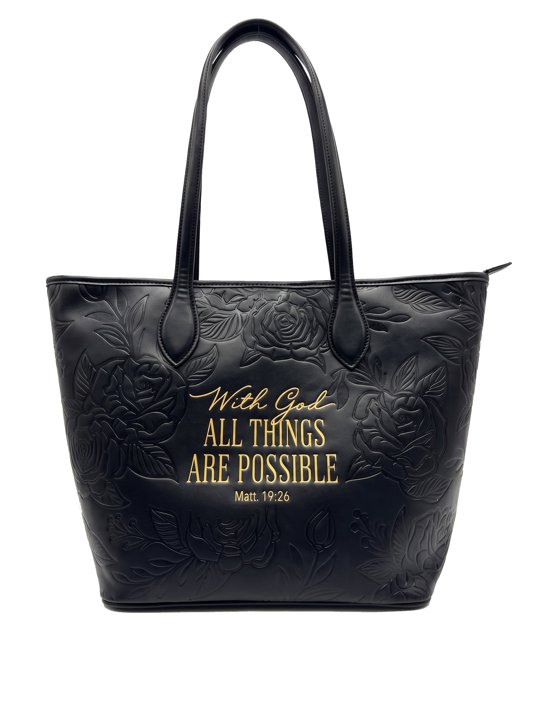 Sable black embossed leather tote — front view with Matt. 19:26 With God All Things Are Possible in gold