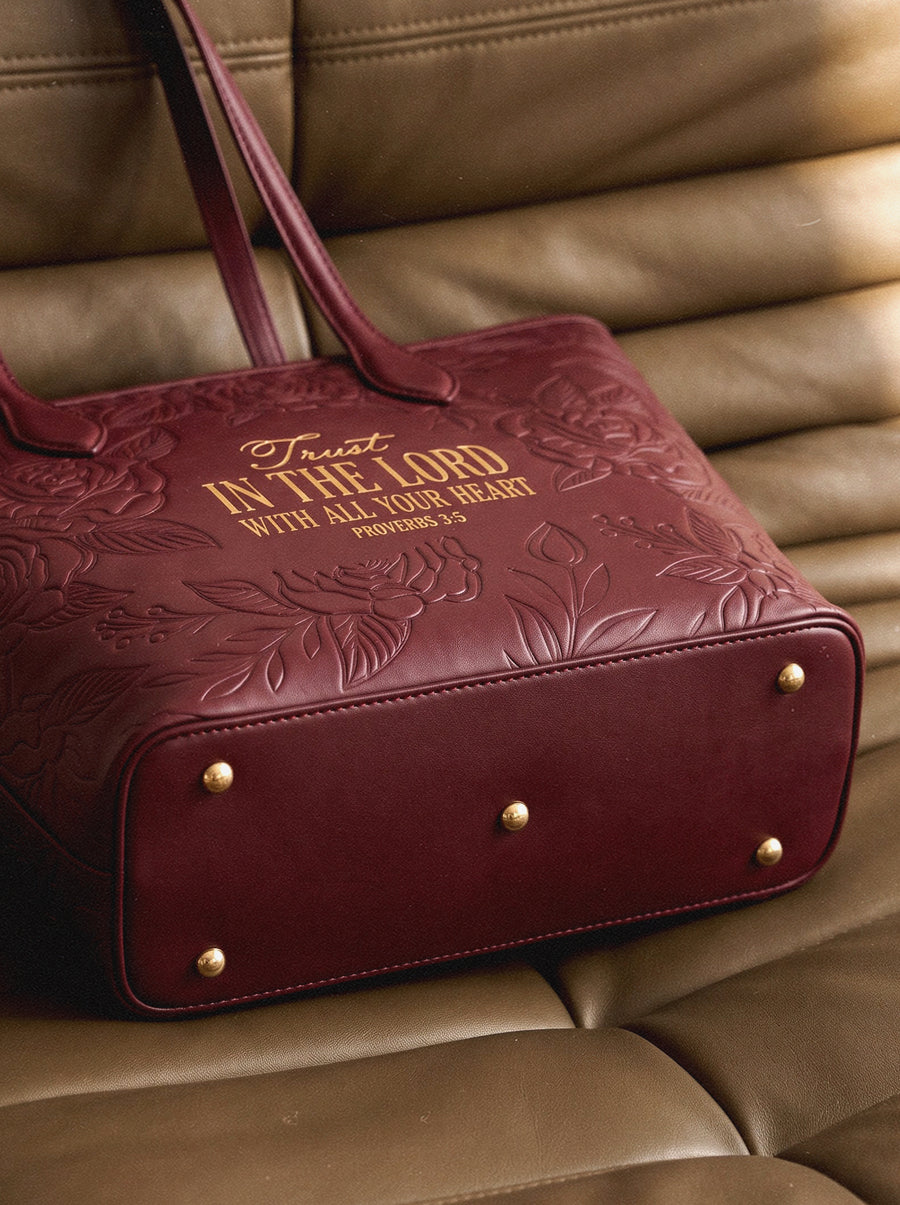 Proverbs 3:5 - Cherry Wine Embossed Leather Tote Pre-order