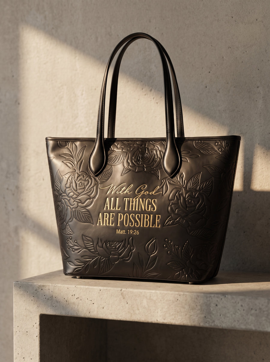 Blessac embossed leather tote in sable black — lifestyle shot in warm sunlight