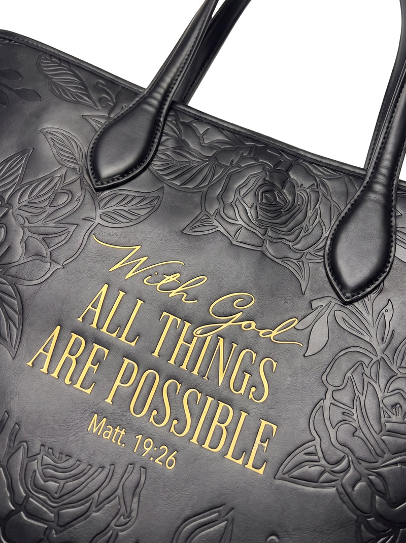 Macro of the gold-finished life verse Matt. 19:26 embossed on the tote