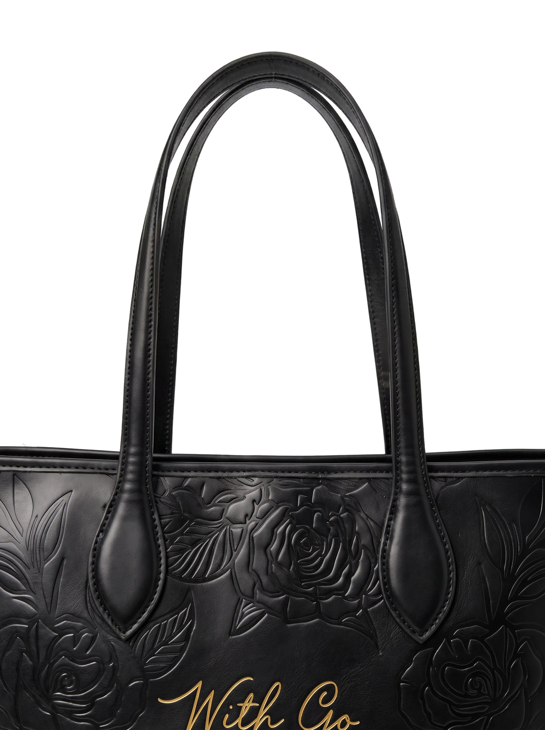 Double shoulder straps of the sable black embossed leather tote
