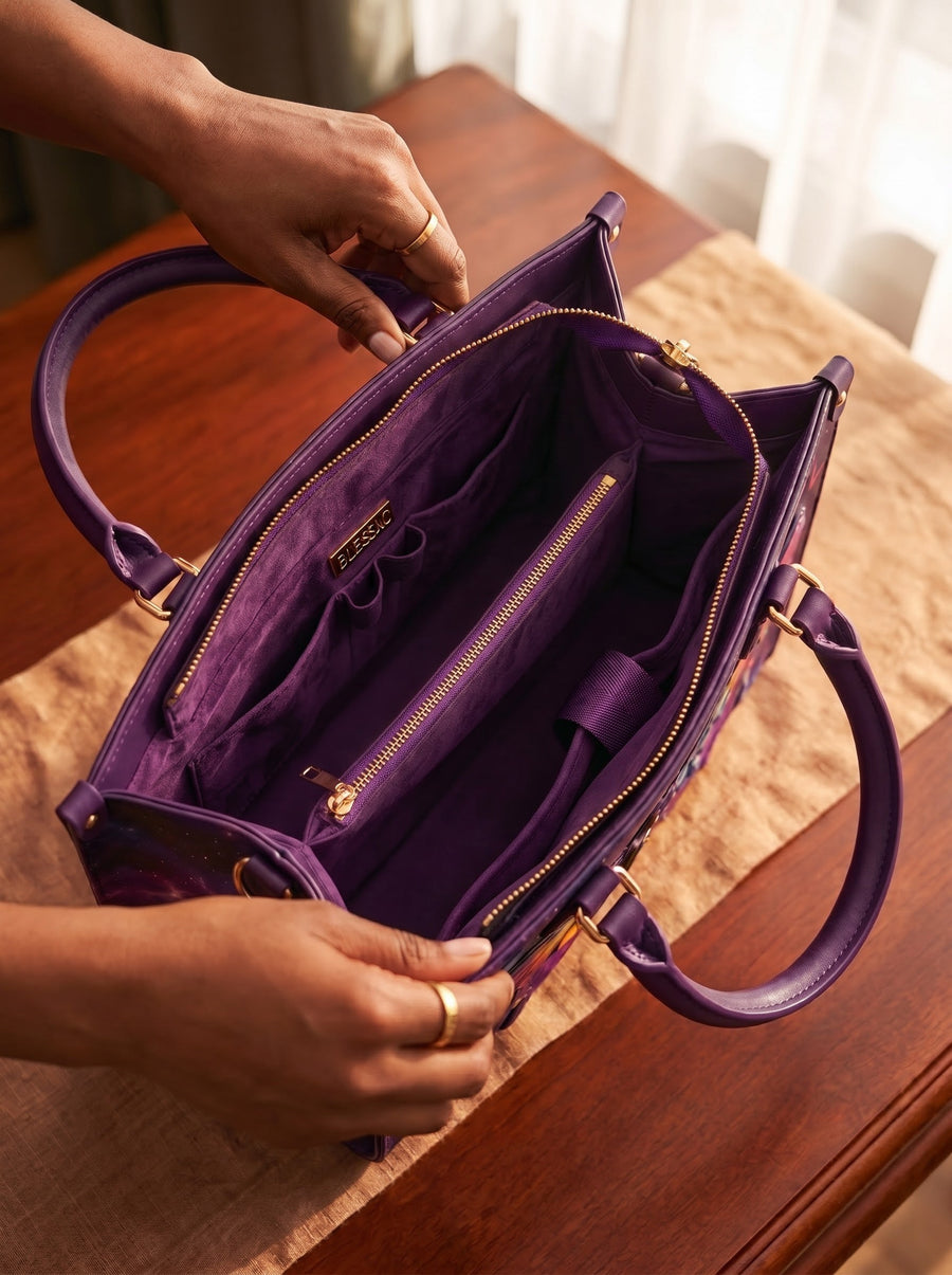 Open handbag showing 4 organized interior compartments