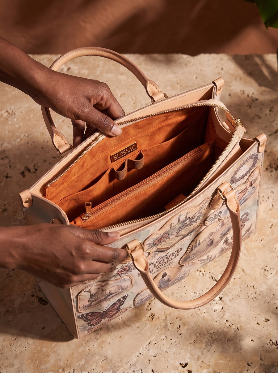 Open handbag showing 4 organized interior compartments