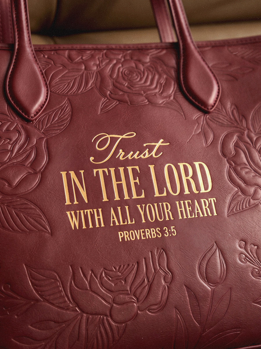 Proverbs 3:5 - Cherry Wine Embossed Leather Tote Pre-order