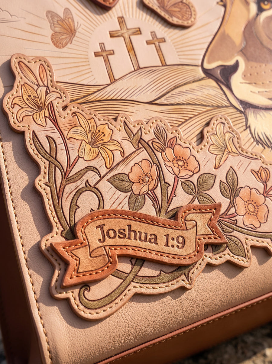 Close-up of the 3D appliqué design with the verse raised off the leather
