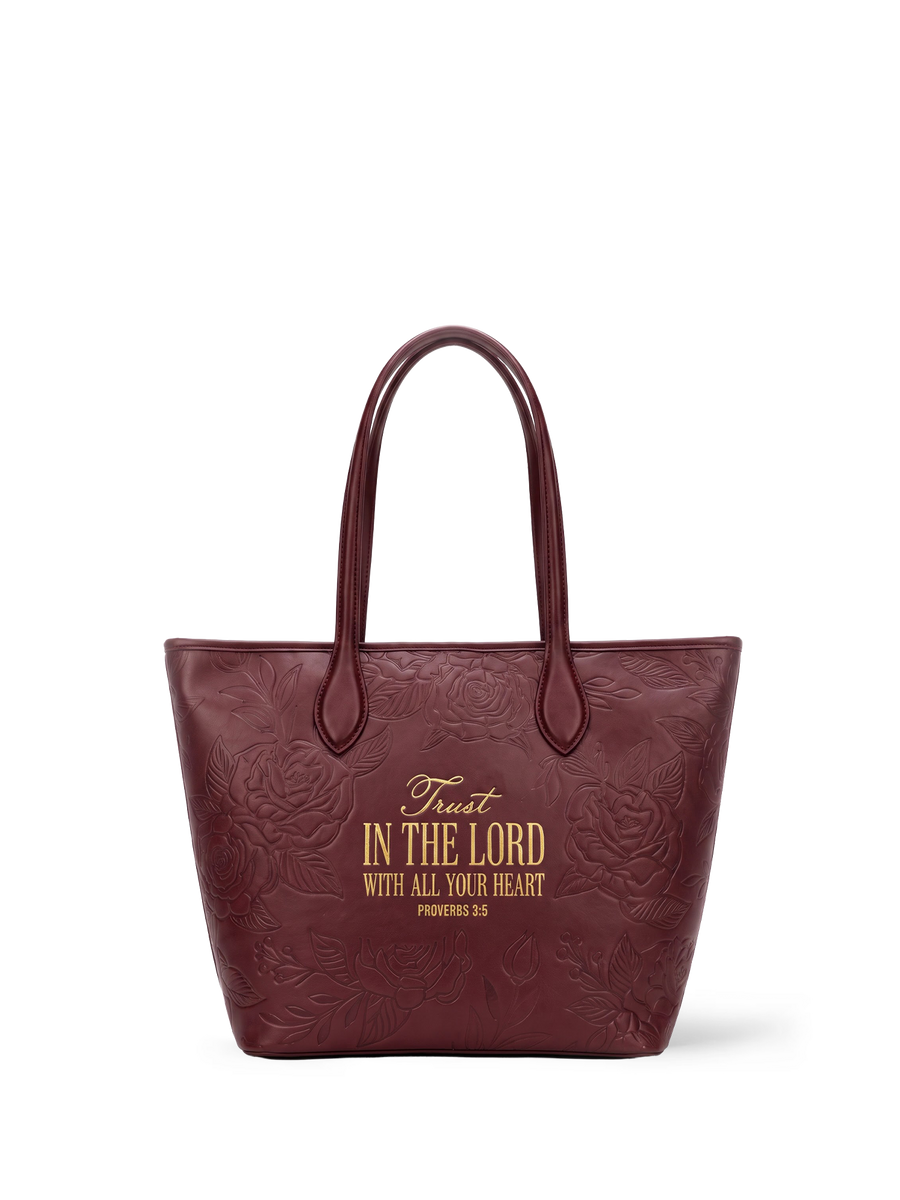 Proverbs 3:5 - Cherry Wine Embossed Leather Tote Pre-order