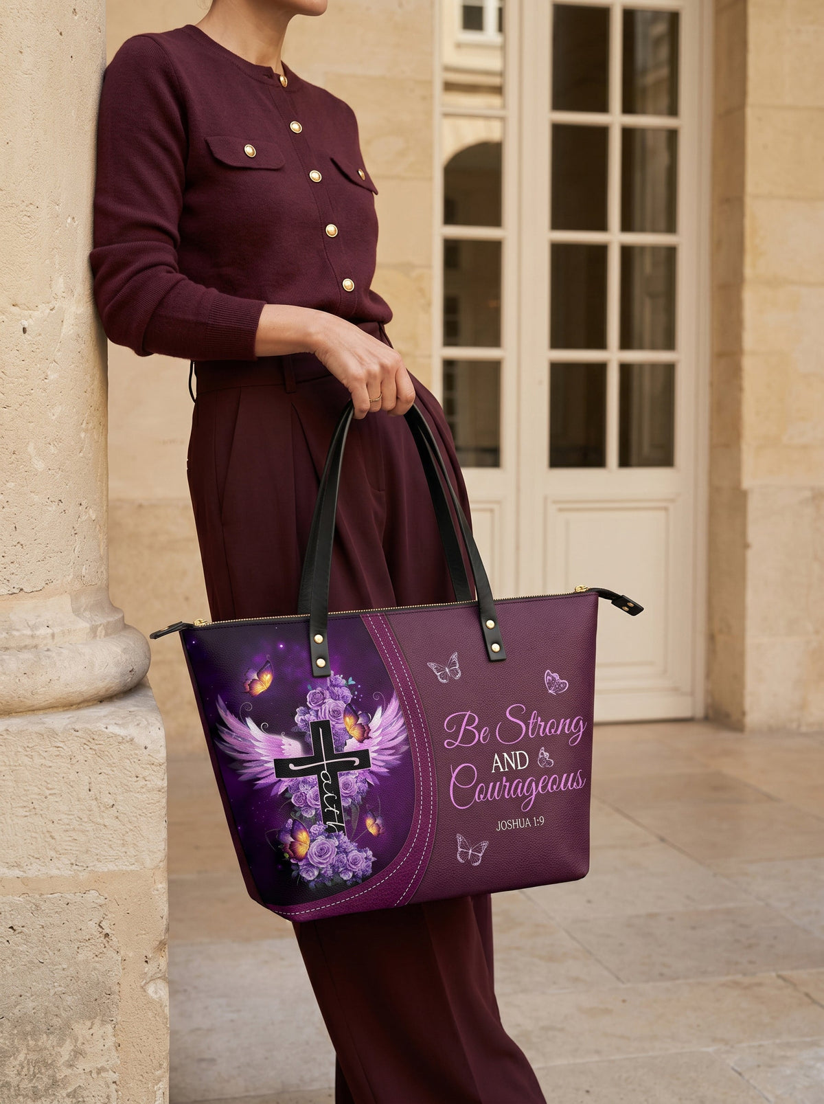 Courage - Joshua 1:9 Leather Tote Bag