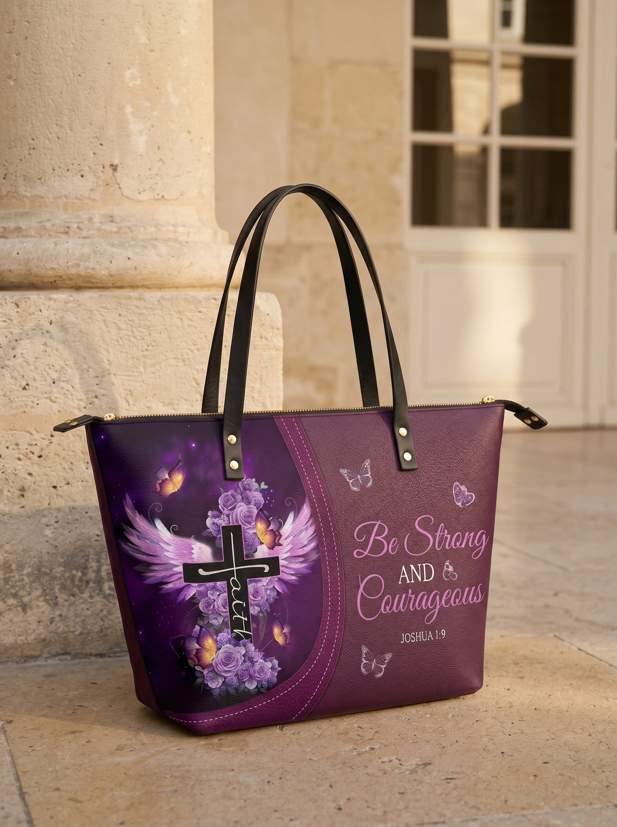 Courage - Joshua 1:9 Leather Tote Bag