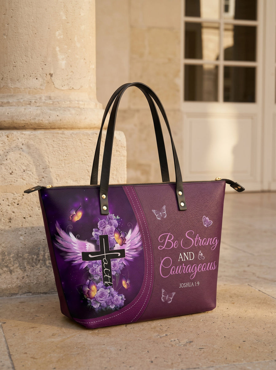 Courage - Joshua 1:9 Leather Tote Bag