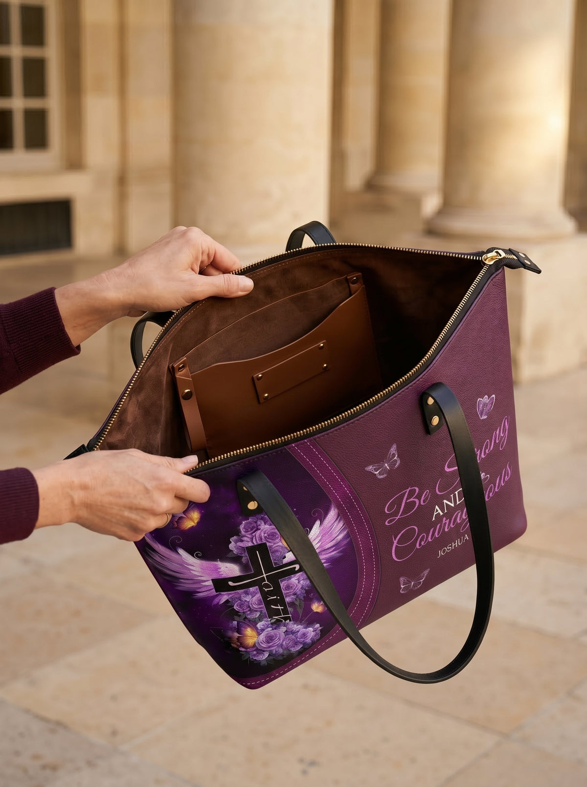 Courage - Joshua 1:9 Leather Tote Bag