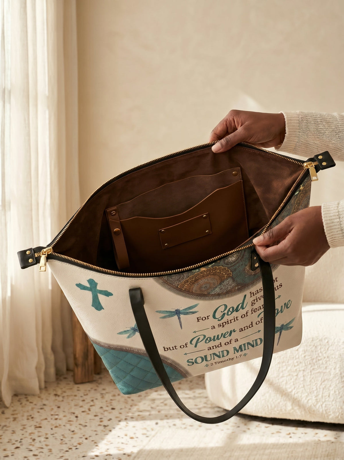 Poise - 2 Timothy 1:7 Leather Tote Bag