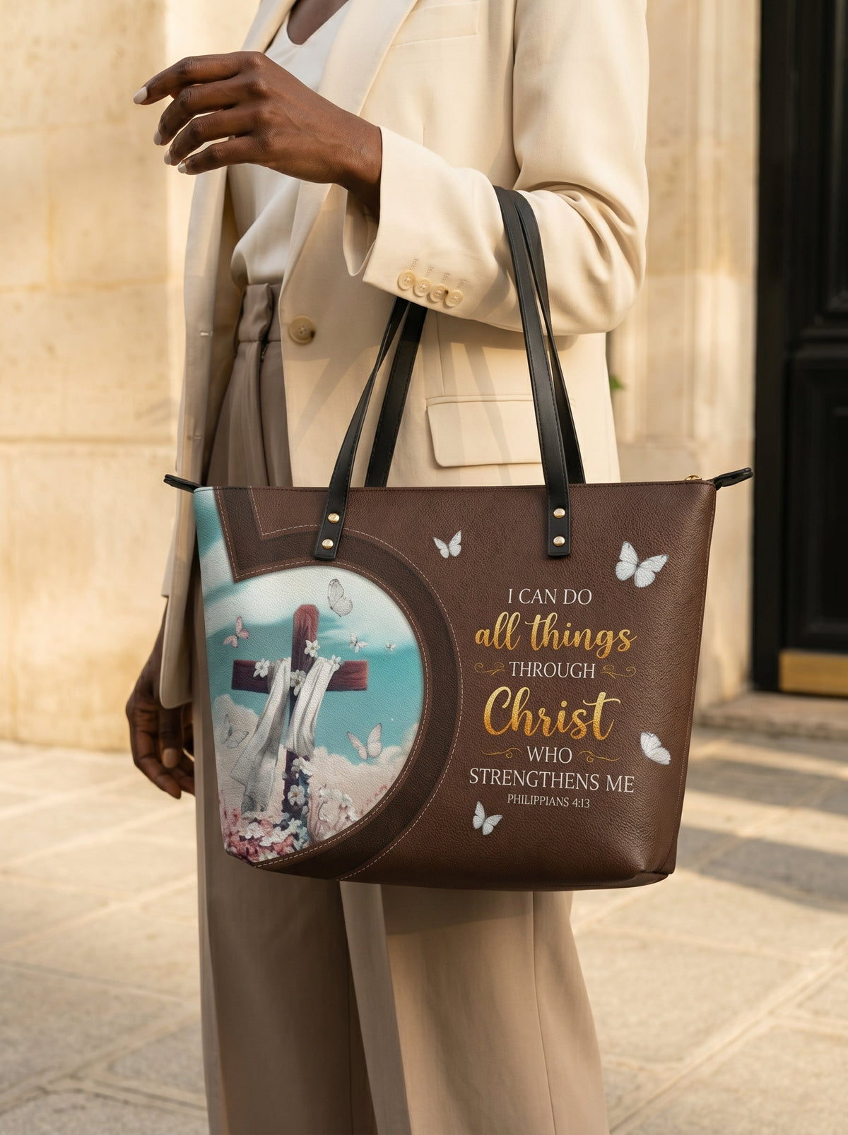 Rise - Philippians 4:13 Leather Tote Bag
