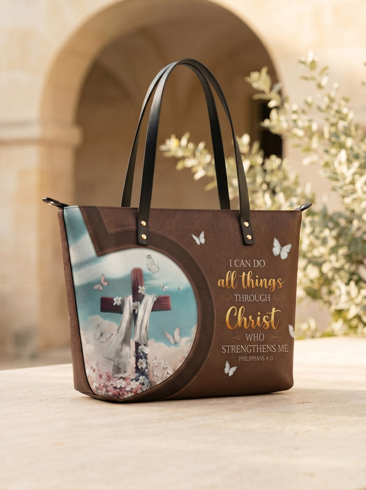 Rise - Philippians 4:13 Leather Tote Bag