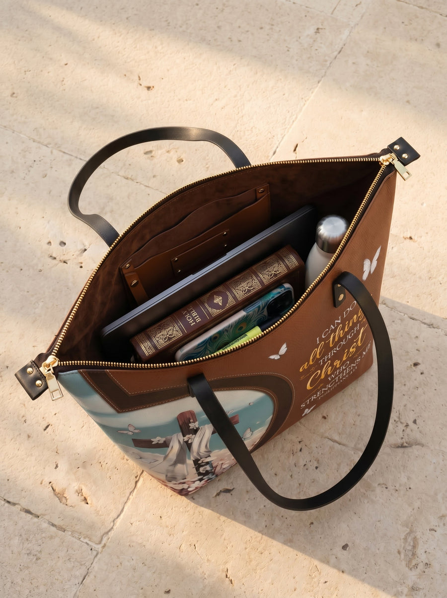 Rise - Philippians 4:13 Leather Tote Bag