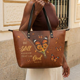 Serene - Psalm 46:10 Leather Tote Bag