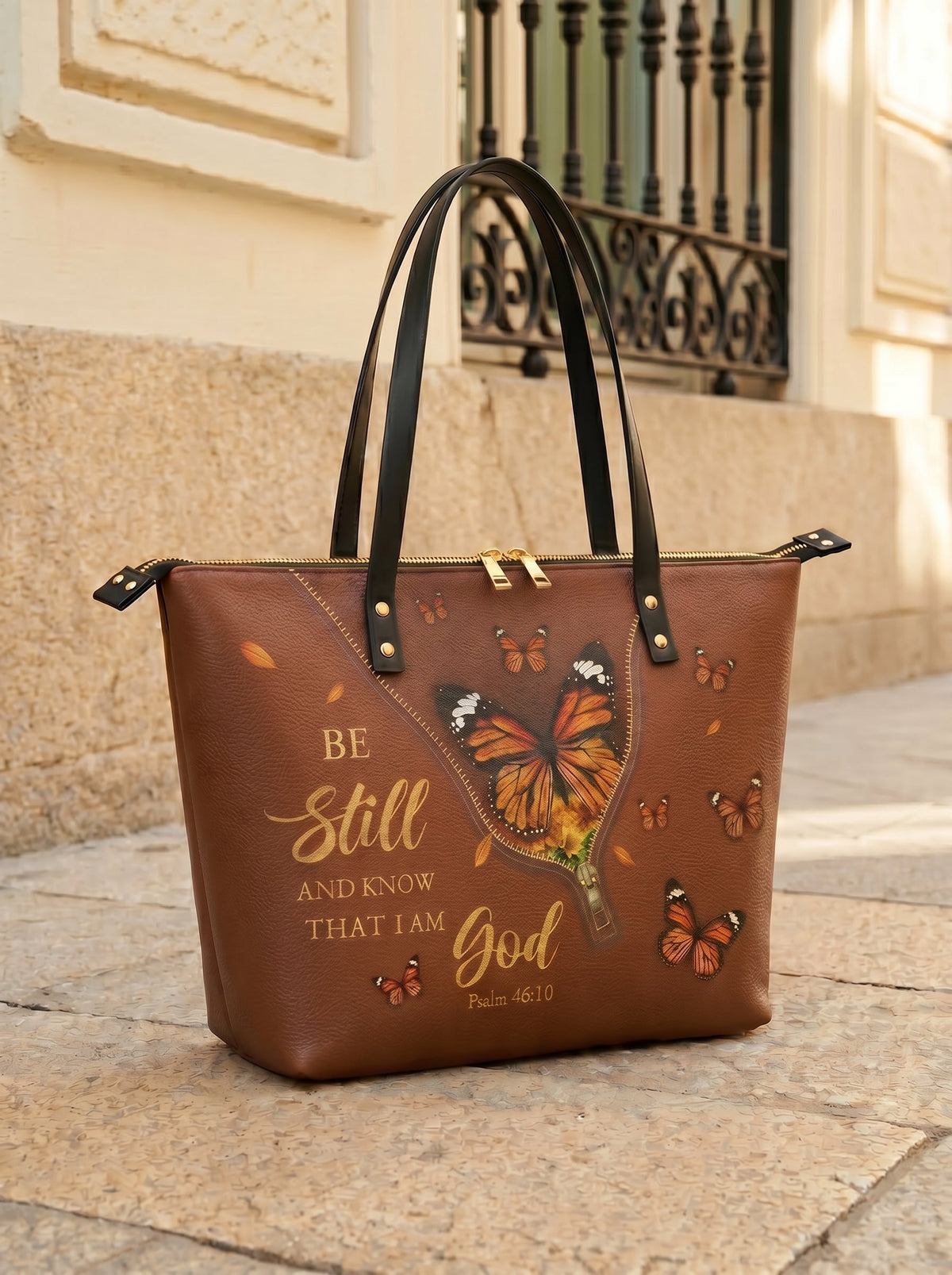 Serene - Psalm 46:10 Leather Tote Bag
