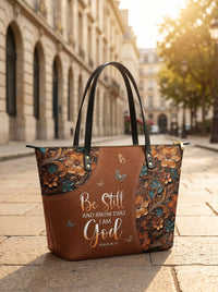 Stillness - Psalm 46:10 Leather Tote Bag