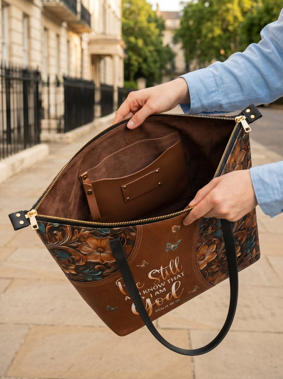 Stillness - Psalm 46:10 Leather Tote Bag