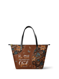 Stillness - Psalm 46:10 Leather Tote Bag