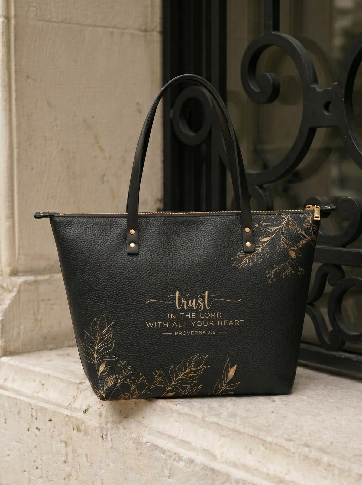 Trust - Proverbs 3:5 Leather Tote Bag