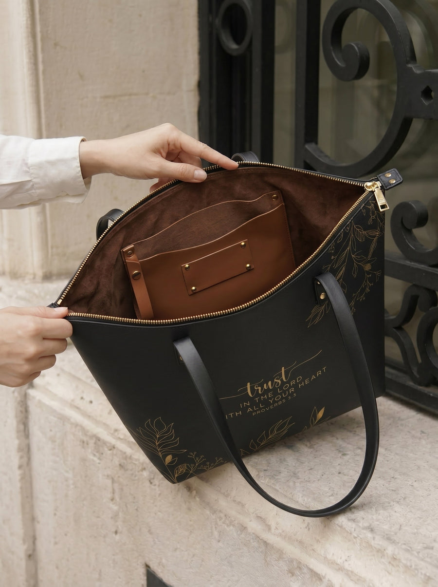 Trust - Proverbs 3:5 Leather Tote Bag