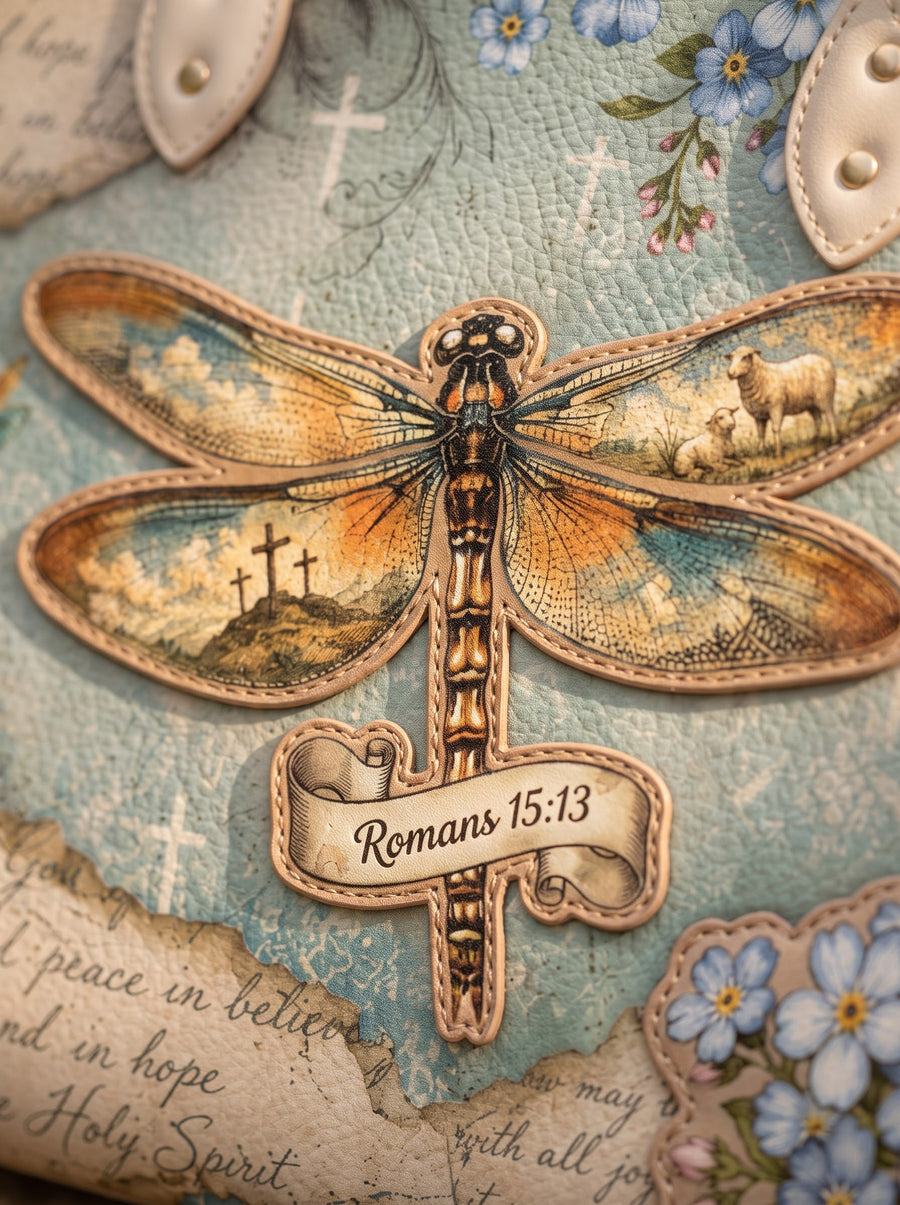 Close-up of the 3D appliqué design with the verse raised off the leather