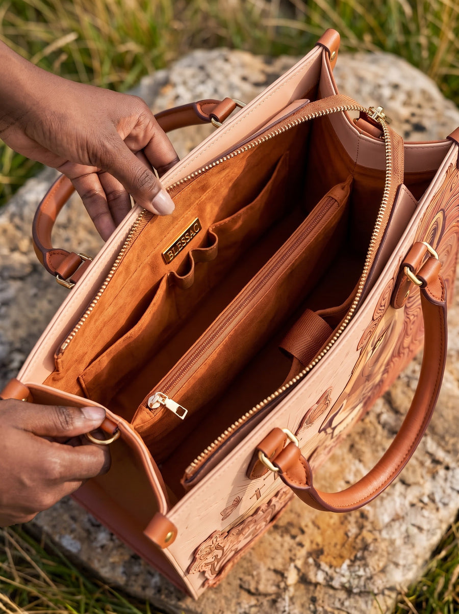Open handbag showing 4 organized interior compartments
