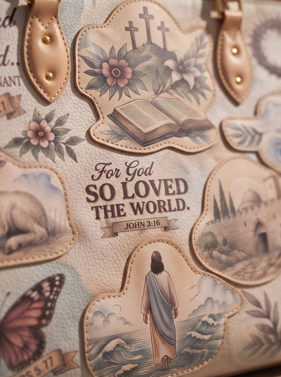 Close-up of the 3D appliqué design with the verse raised off the leather