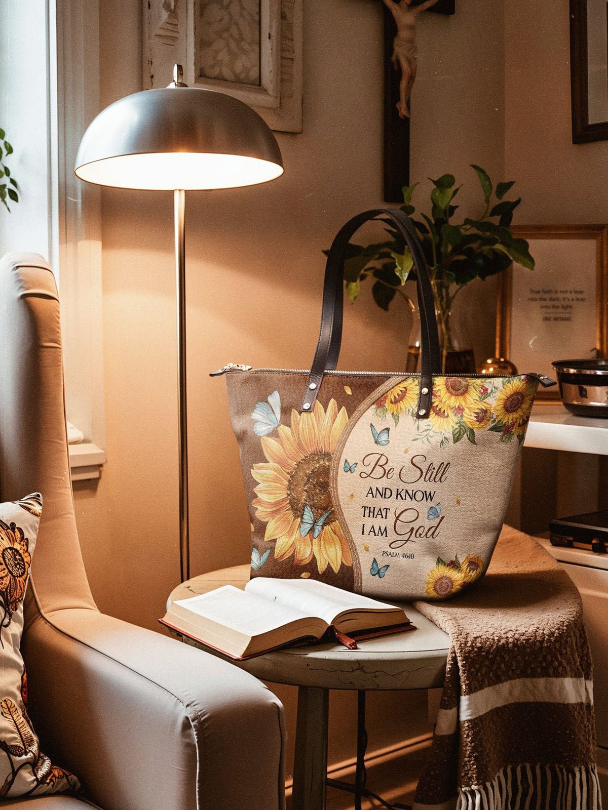 Presence - Psalm 46:10 Leather Tote Bag