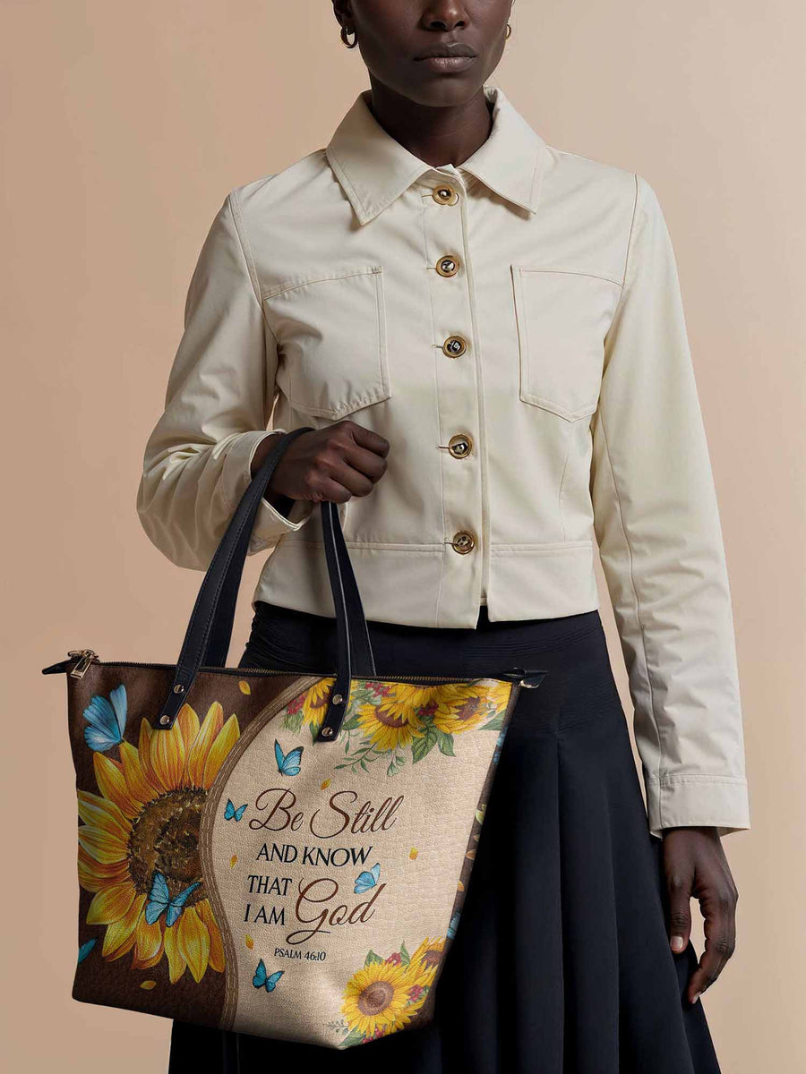 Presence - Psalm 46:10 Leather Tote Bag