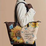 Presence - Psalm 46:10 Leather Tote Bag