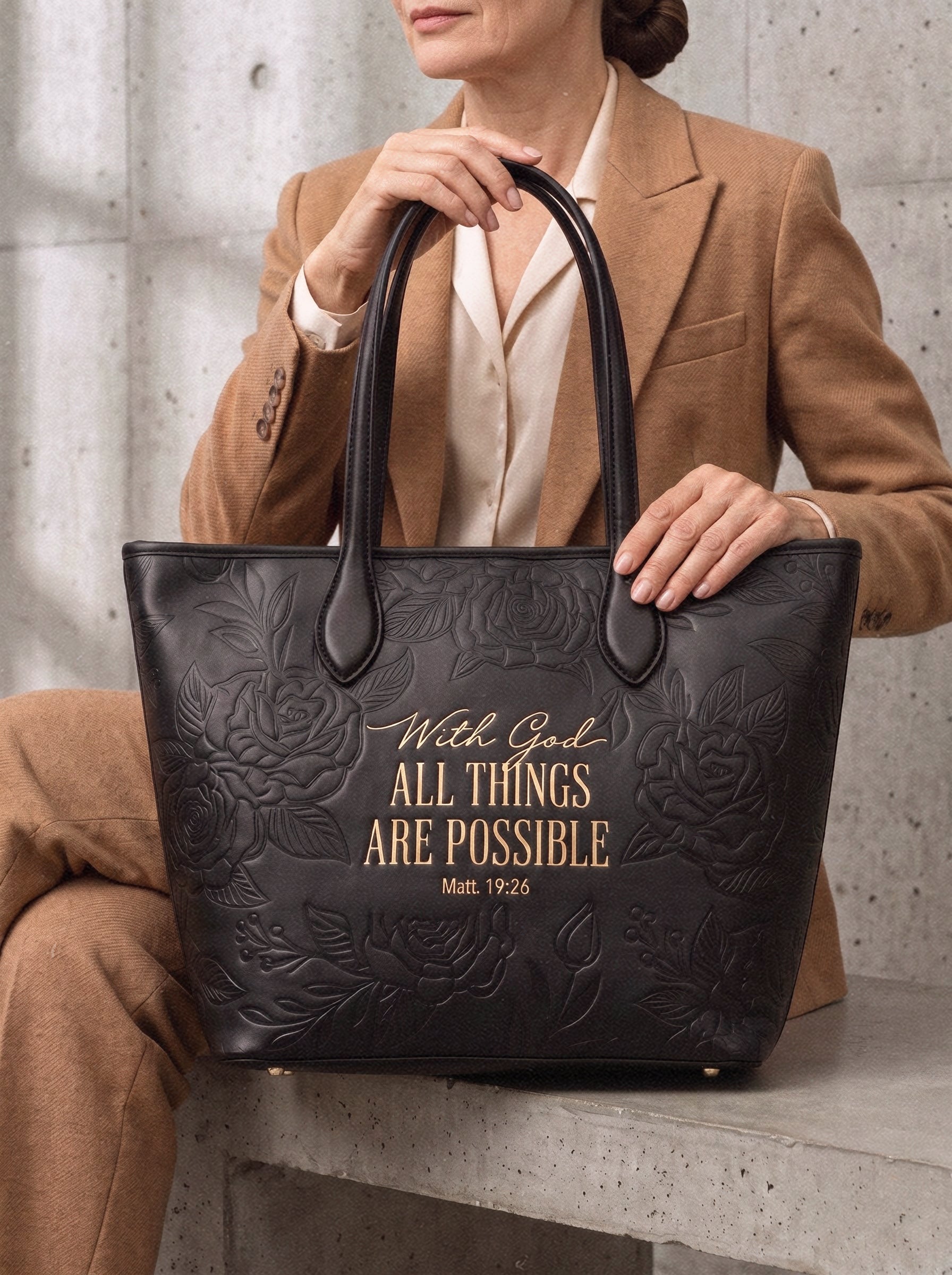 Matt 19:26 - Black Embossed Leather Tote Pre-order