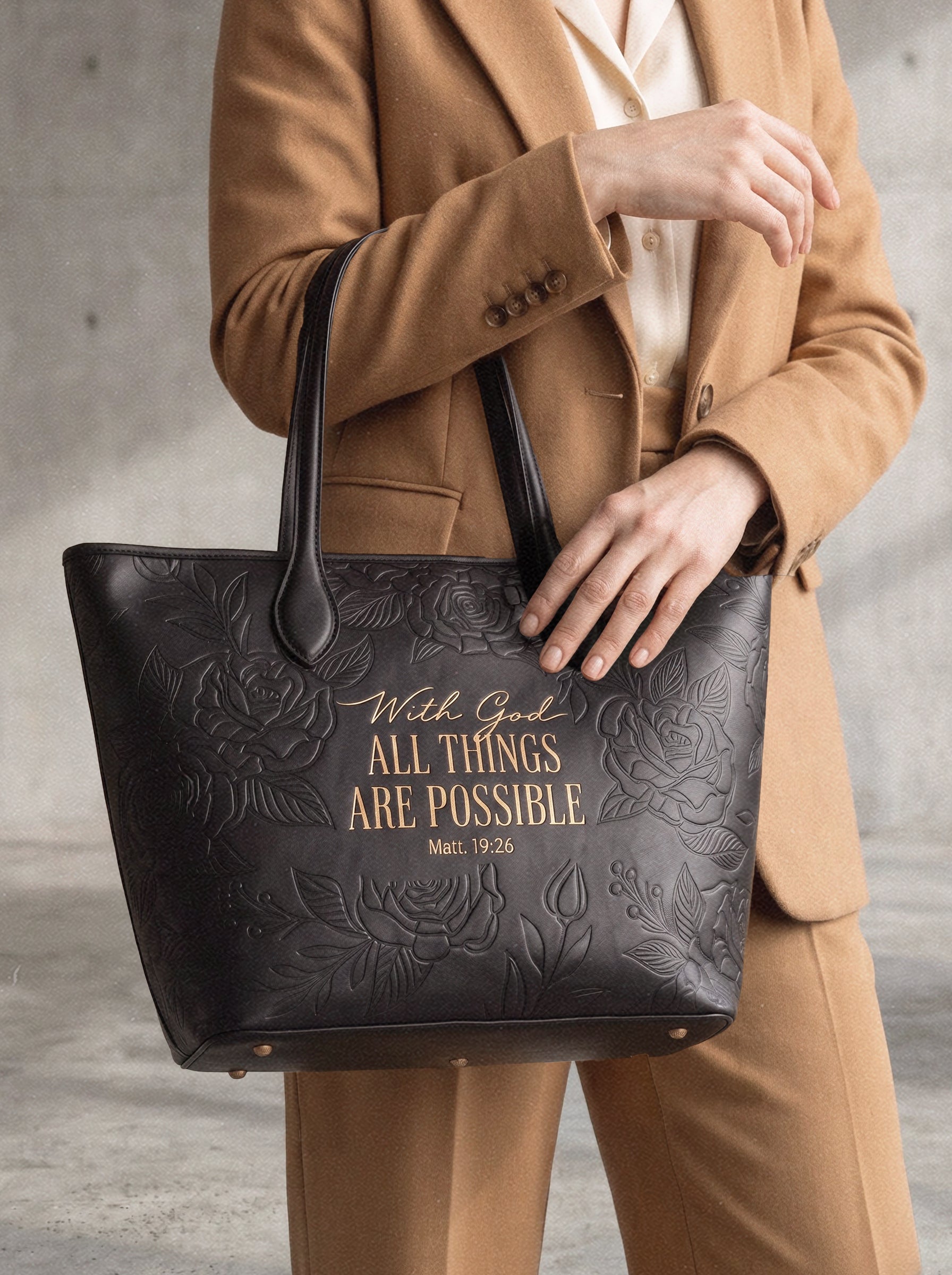 Matt 19:26 - Black Embossed Leather Tote Pre-order