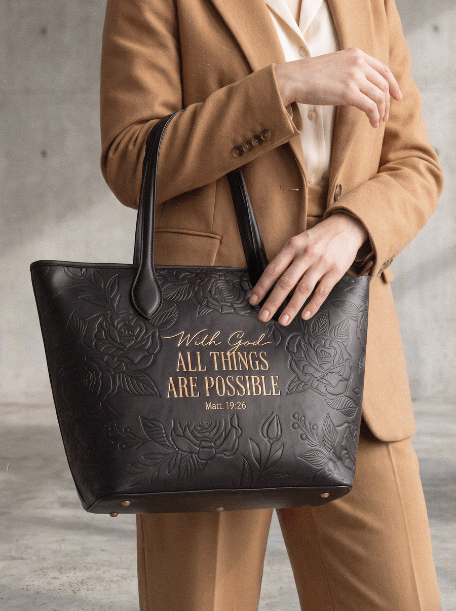 Matt 19:26 - Black Embossed Leather Tote Pre-order