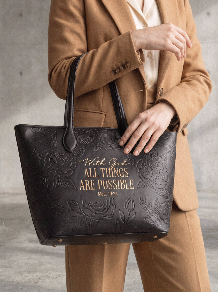 Matt 19:26 - Black Embossed Leather Tote