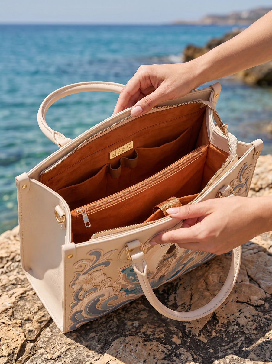 Open handbag showing 4 organized interior compartments
