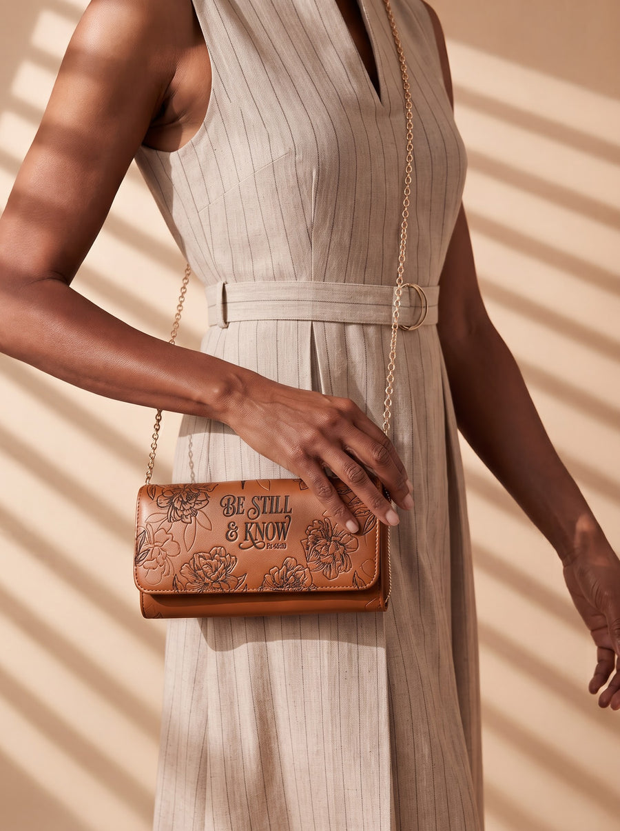 Tranquil - Psalm 46:10 Embossed Leather Crossbody Clutch Pre-order