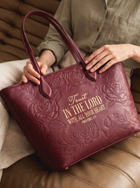 Proverbs 3:5 - Cherry Wine Embossed Leather Tote Pre-order